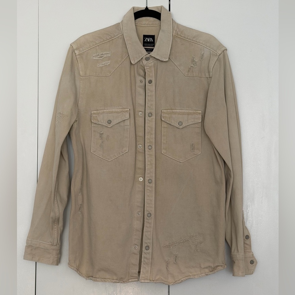 ZARA Distressed Beige/Stone Button-Up Jean Shirt